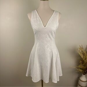 Black Bead White Textured Floral Jacquard Fit & Flare Mini Dress - Size Large